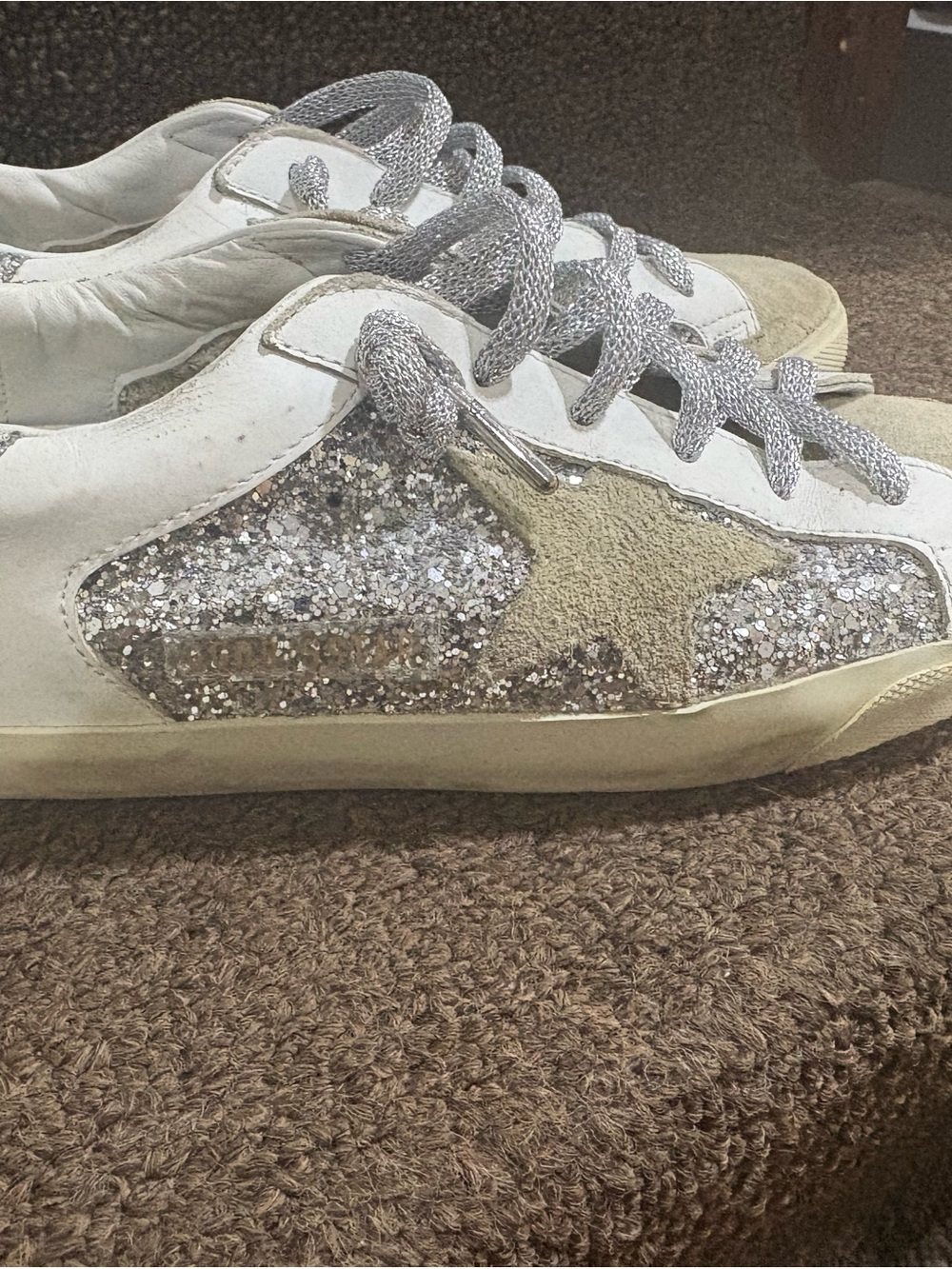 Golden Goose White Sneakers with Silver Glitter and Tan Star